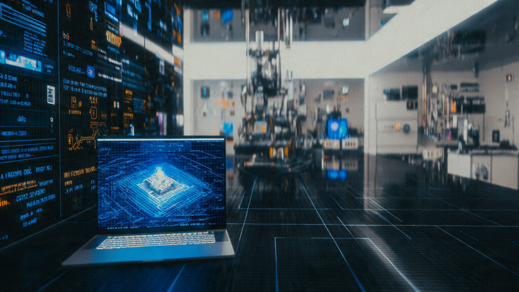 A realistic, high-resolution visualization of a quantum computing lab with a modern superconducting quantum processor, cryogenic system, and glowing quantum circuits, photographed in a clean research environment