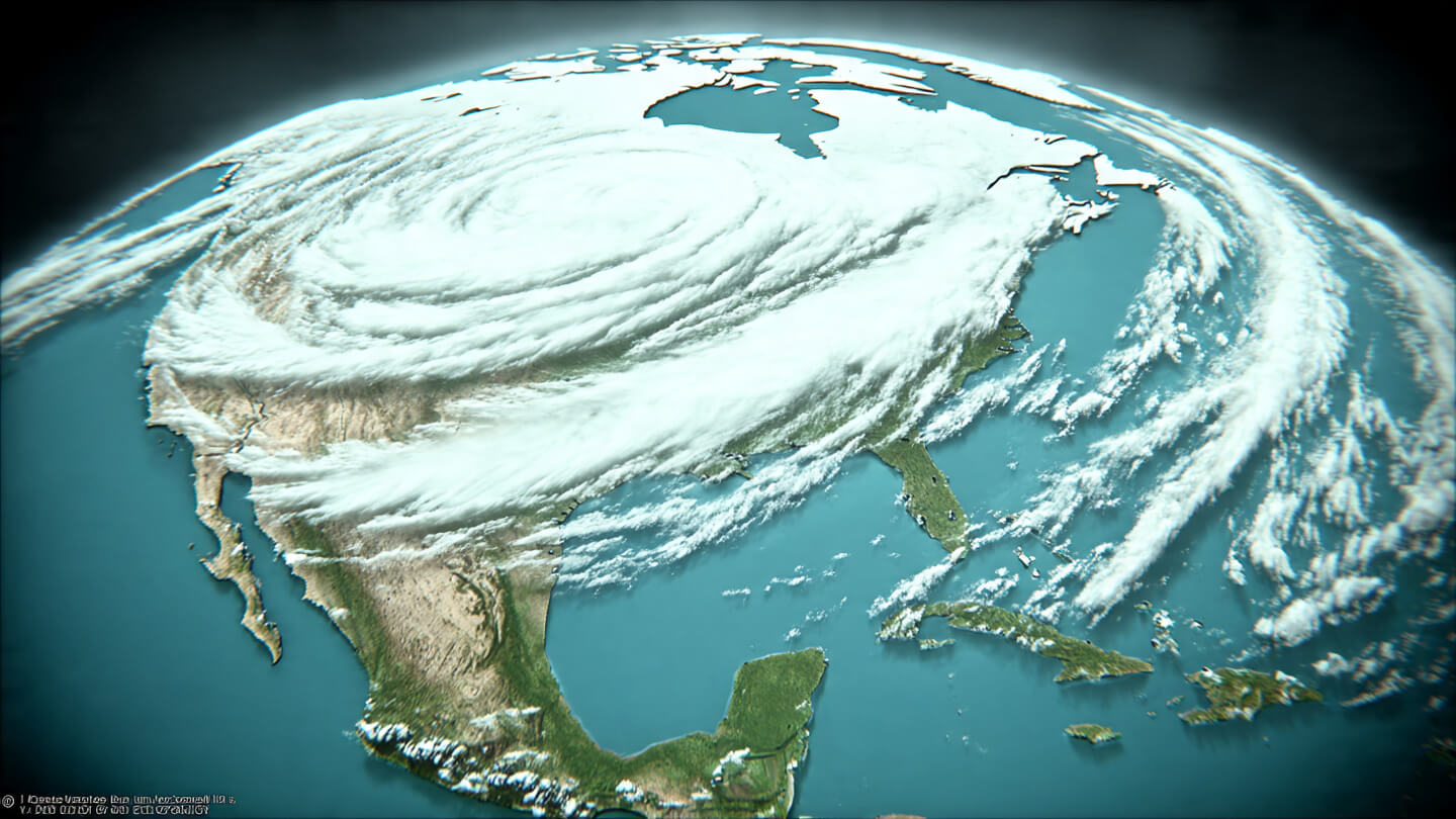Satellite image showing a powerful winter storm covering large parts of the USA
