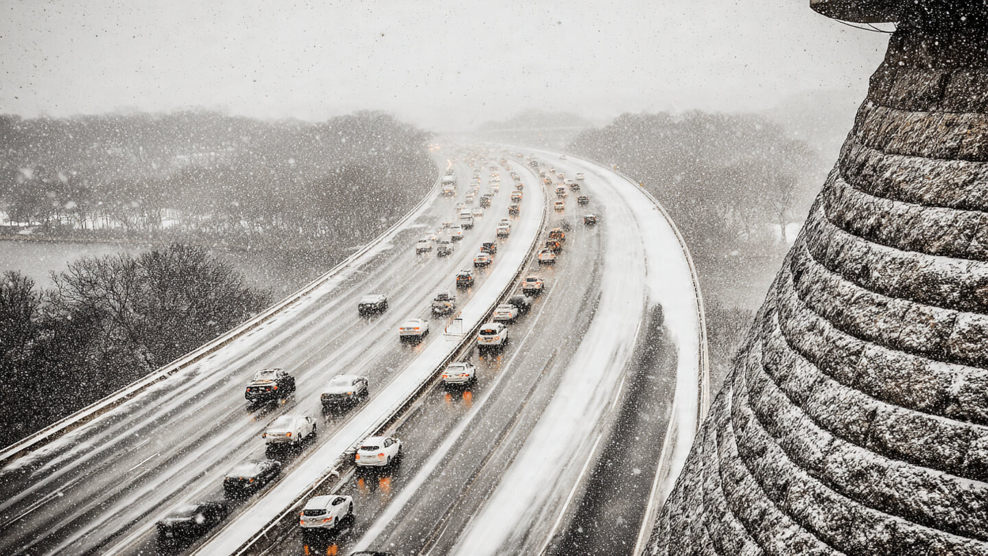 Vehicles stranded on an icy Atlanta highway during a rare winter storm