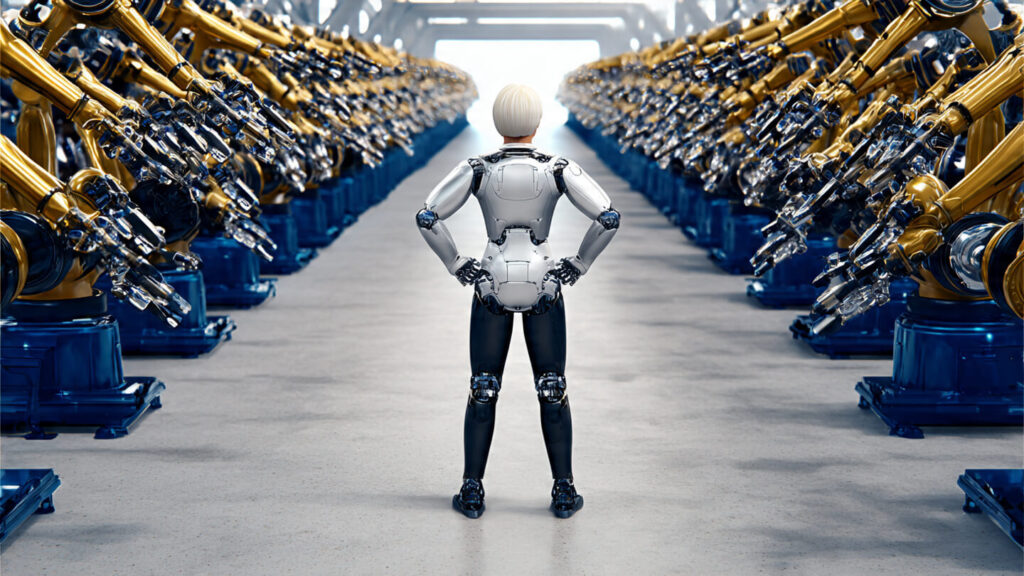 A humanoid robot prototype standing inside a high-tech factory floor, surrounded by robotic arms and AI equipment, realistic metallic textures, futuristic but grounded