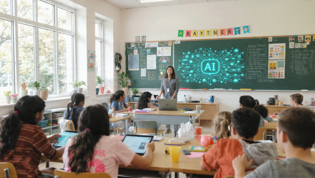 AI tools for teachers: Teacher using AI tools on laptop with students working collaboratively in modern classroom
