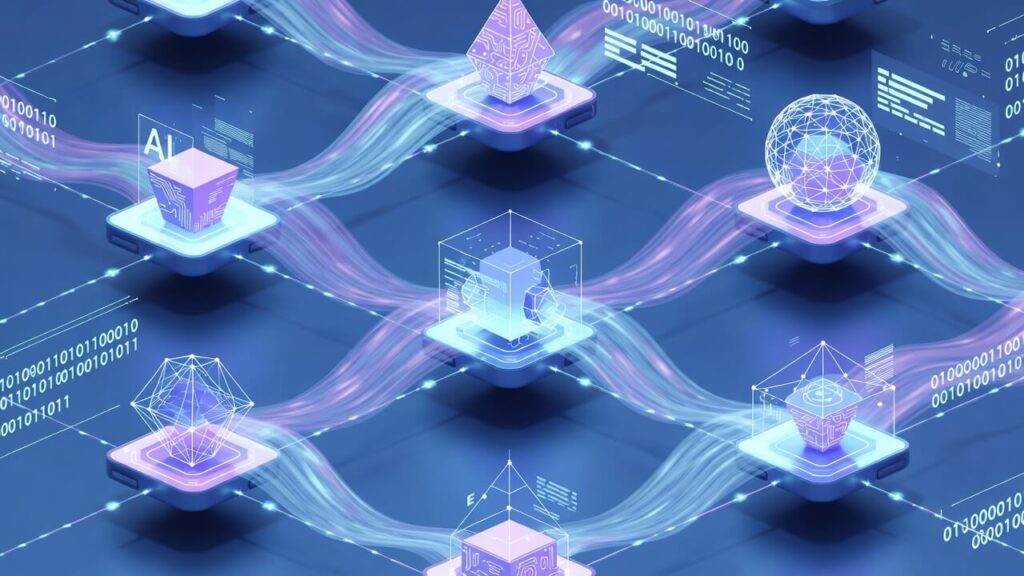 Multiple AI agents collaborating in a futuristic digital workspace representing agentic AI systems - Agentic ai