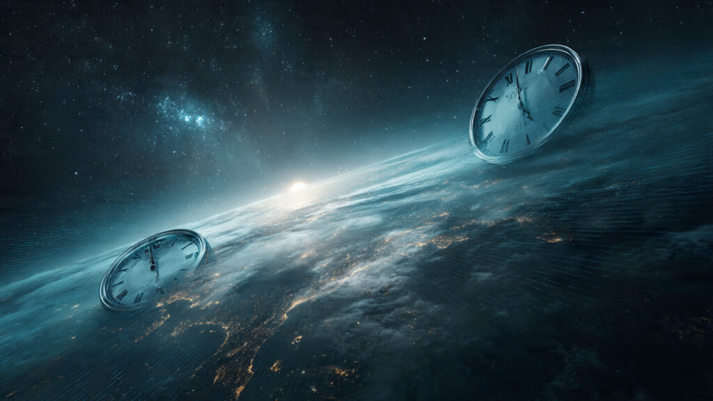 Gravitational time dilation concept — two clocks at different heights with warped spacetime grid