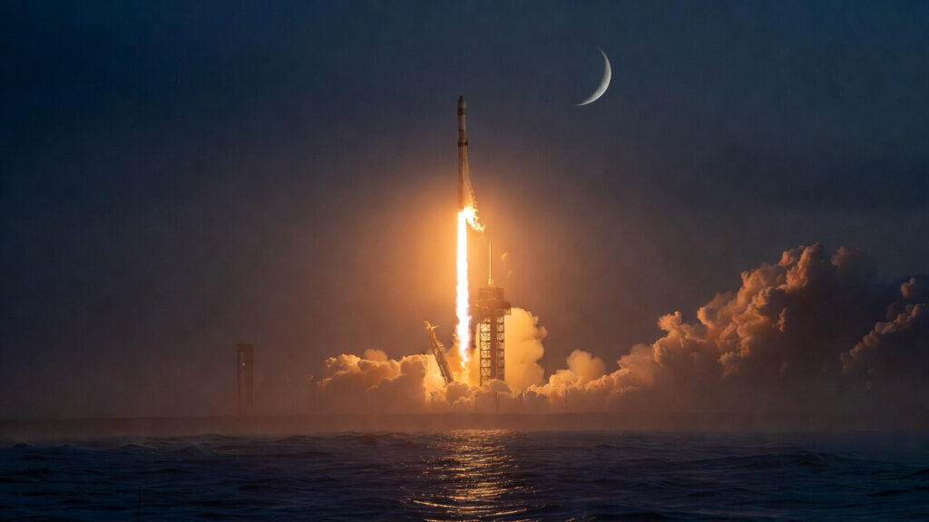 NASA SLS rocket launching at night from Kennedy Space Center for Artemis II mission