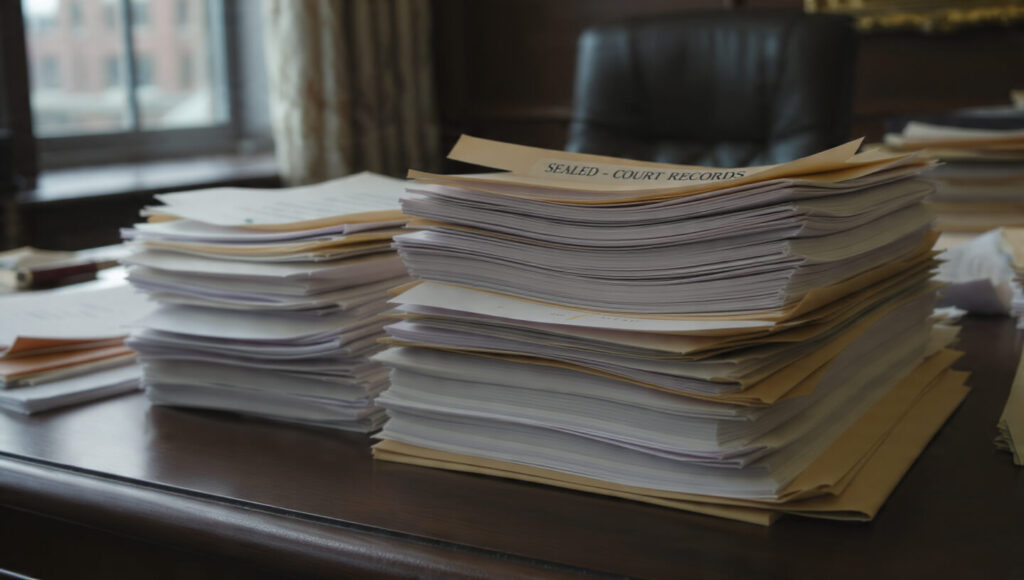 Stack of legal documents and files representing the Epstein files investigation releases
