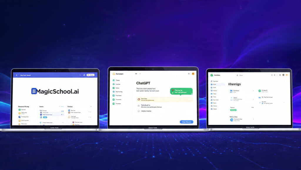 Comparison dashboard showing MagicSchool.ai, ChatGPT Edu, and Khanmigo interfaces side by side