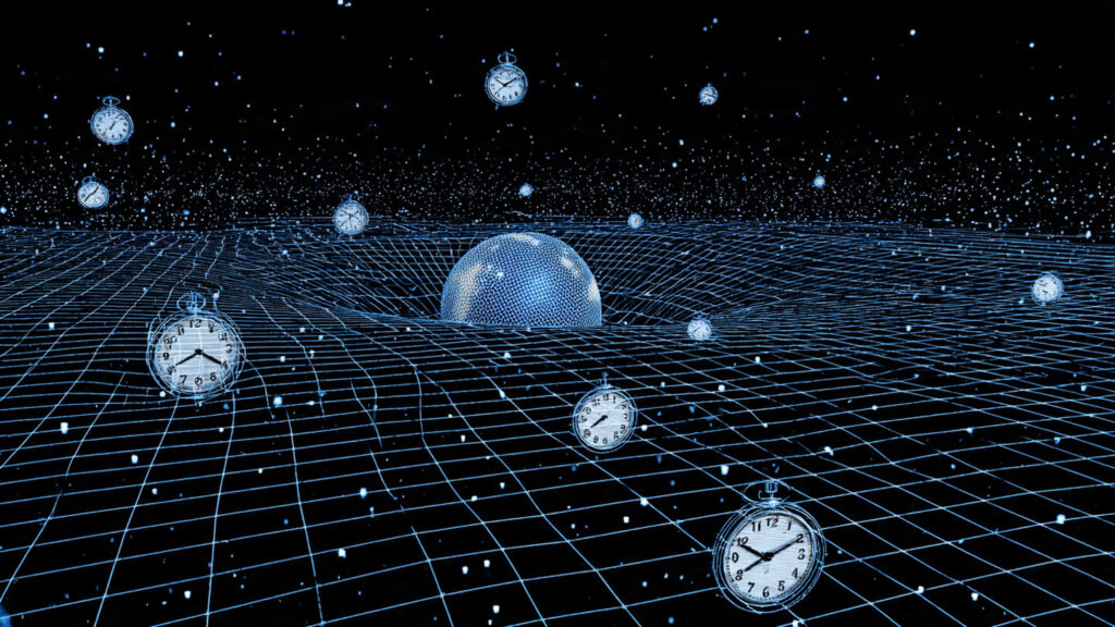 Spacetime curvature diagram showing how a massive object like Earth bends the fabric of spacetime, slowing time near its surface