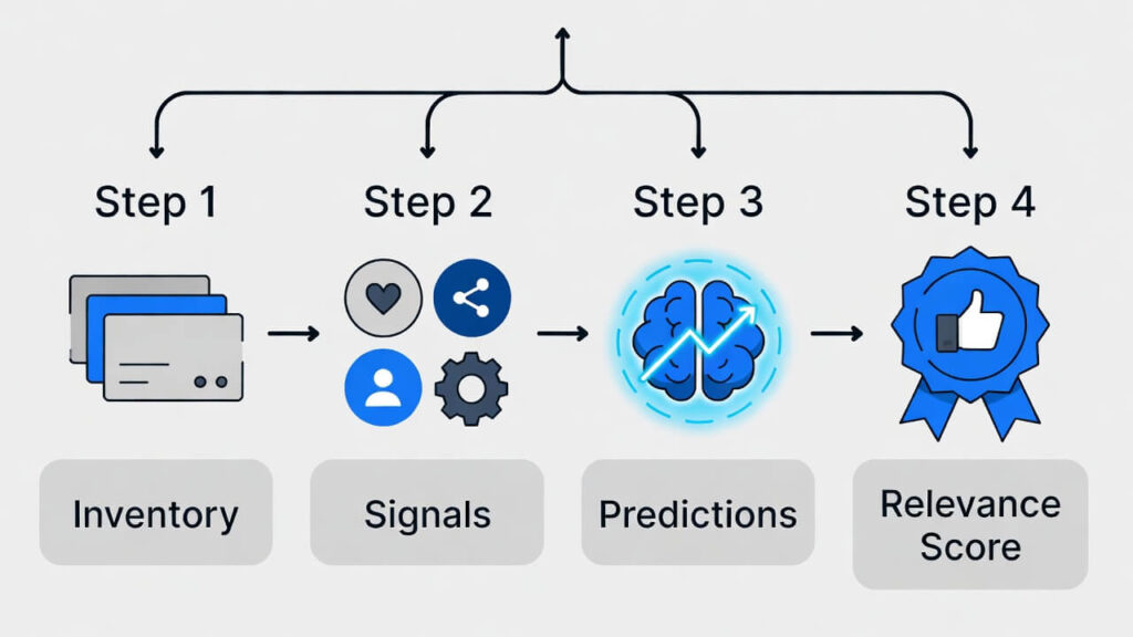 Flowchart showing the four steps of how the Facebook algorithm works — inventory, signals, predictions, relevance