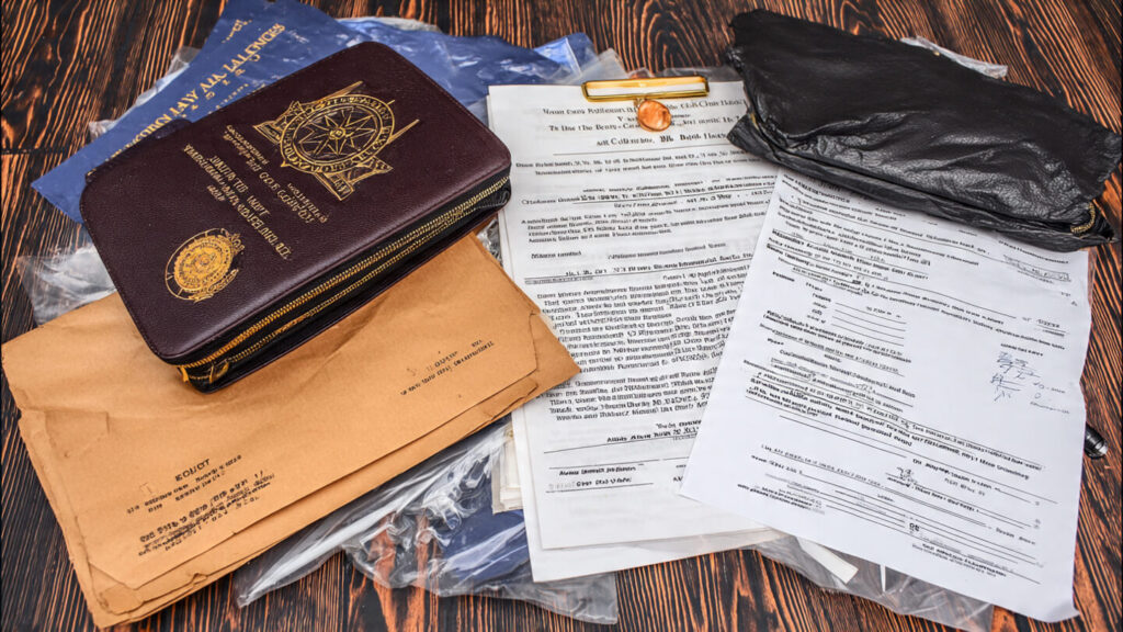 Various types of legal and investigative documents spread on a table