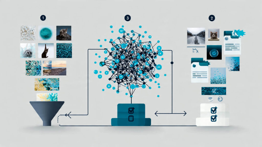 Diagram showing machine learning process with data input, pattern recognition, and output predictions