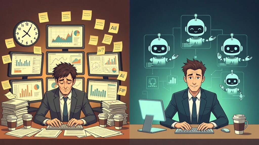 Split-screen comparison showing traditional workflow versus agentic AI automated workflow