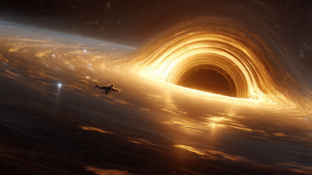 Black hole gravitational time dilation visualization showing extreme spacetime curvature near event horizon