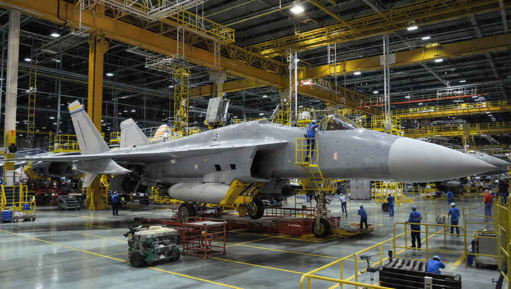HAL manufacturing facility workers assembling Tejas Mk1A fighter jet components