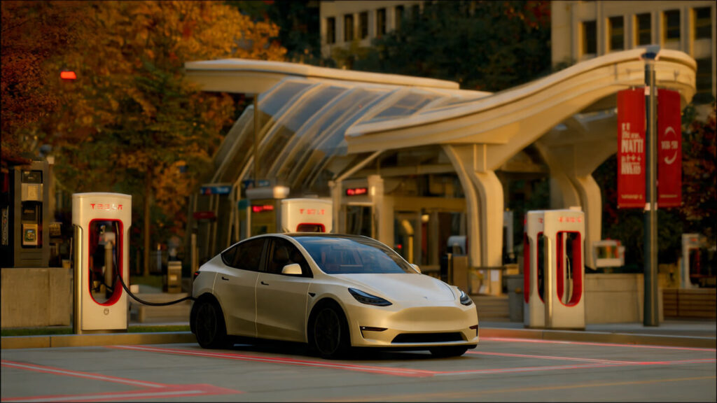 Tesla Model Y charging at Supercharger station