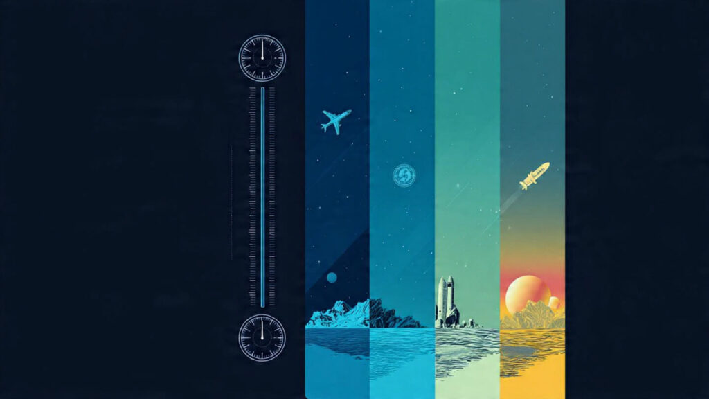 Infographic comparing clock rates at ground level, airplane altitude, GPS satellite orbit, and near a black hole