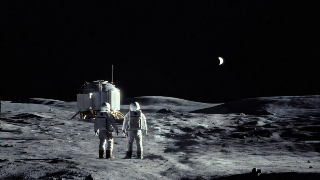 Astronauts on the lunar surface near a base camp with Earth visible in the sky